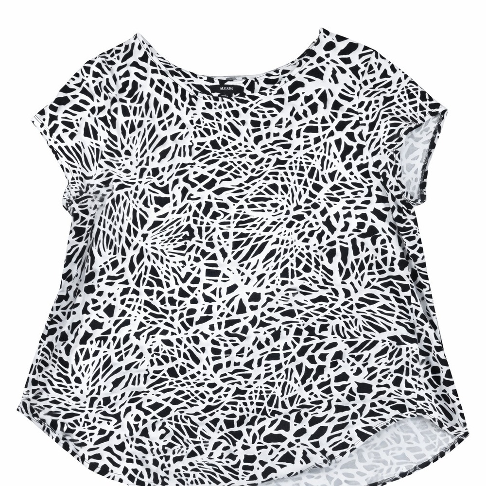 Alfani Women's XL Black White Abstract Print Blouse Rayon Short Sleeve Top